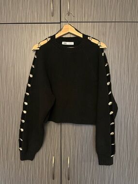 Zara Black Crewneck Sweater with Silver Accents cutout sleeves